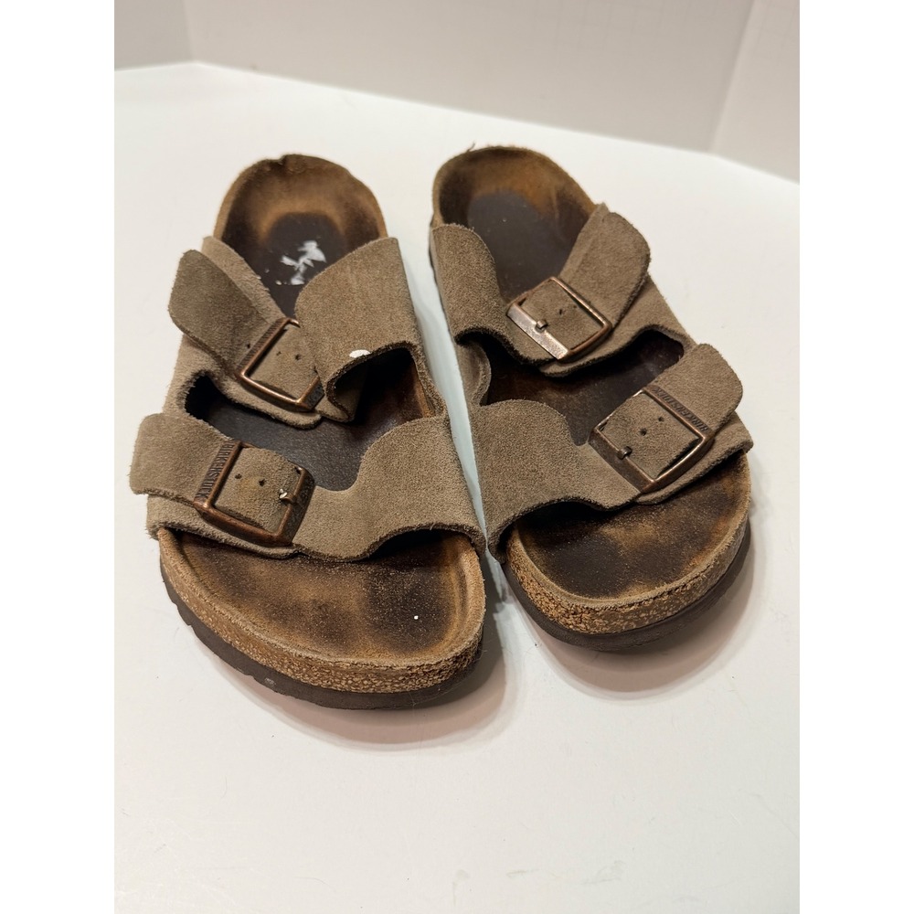 Birkenstock Arizona Taupe Suede Two Strap Slide Sandals Brown Cork Footbed